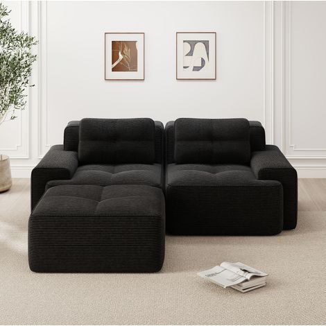 Modulsofa mit Ottoman Sitztiefe 74 cm Schwarz Cord mit Tiefsitz und rutschfester Basis (1/5)