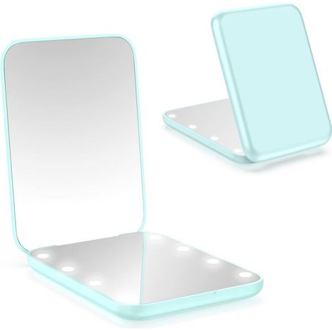 Miroir compact avec lumière, manuel d'utilisation inclus (1 x / 3 x), double face, miroir de maquillage de voyage, miroir de poche pour sac à main, cadeau pour filles (cyan) (1/5)