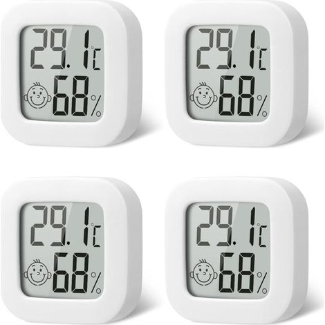 Pack de 4 thermomètres intérieurs mini, hygromètres de haute précision pour température et humidité. Icône de confort d'air, pour cuisine, chambre de bébé, serre, entrepôt, bureau.