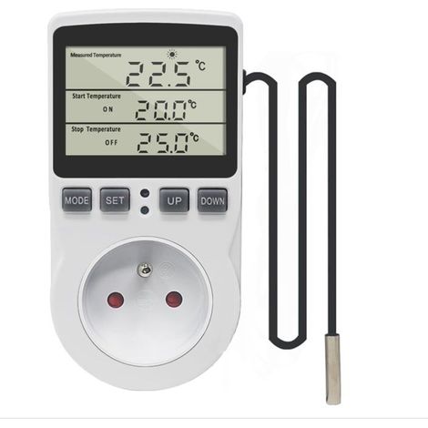 Prise Thermostat Regulateur de Temperature Numerique 220V Chauffage Refroidissement avec Sonde, LCD Prise Contrôleur de Température pour Frigo Incubateur Serre Ventilateur (1/5)