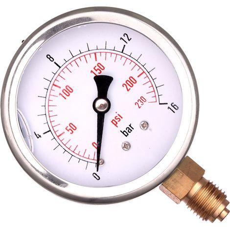 Manometro a glicerina con orologio, 63 mm, 0-16 bar, base filettata da 1/4".