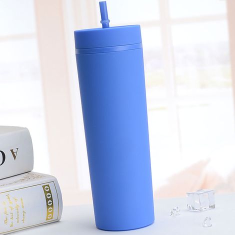 Gobelet à paille coloré en plastique, style simple et agréable au toucher, grande capacité (473 ml), bleu. (1/5)