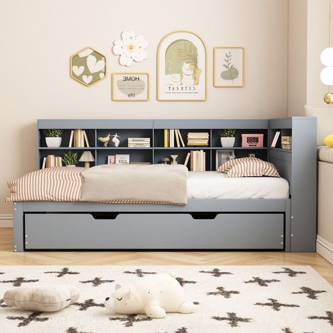 Lit gigogne banquette 90x200 cm gris en bois avec couchage 90x190, USB, rangements intégrés, sommier 26 lattes inclus, charge 120 kg (1/5)