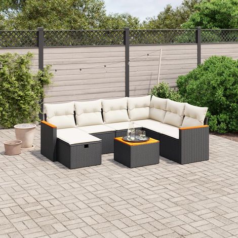 Ensemble Jardin 8 Places Noir Résine Tressée avec Coussins Crème - Salon d'Extérieur Modulaire Table Acacia (1/4)