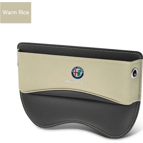 Boîte de rangement en cuir beige pour siège auto Alfa Romeo 159, 147, 156, 166, Giulietta, Giulia, Mito et Spider. Poches de remplissage pour espace entre les sièges. (1/5)