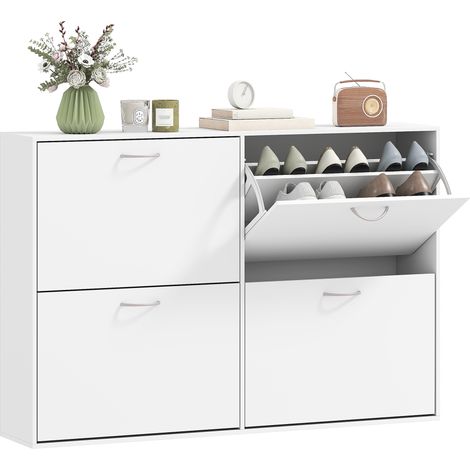 Großer Schuhschrank, 120 x 24 x 81 cm (L x B x H), 4 Klapptüren, zweistöckig, weißes Holz