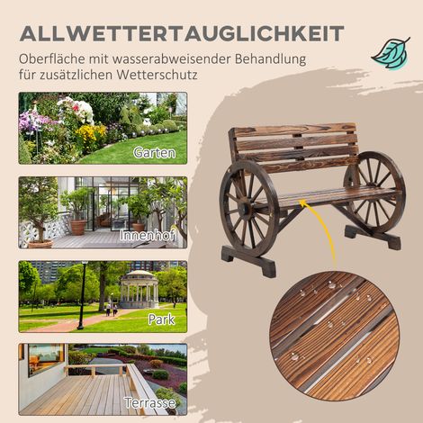 Banc de jardin 2 places en bois pin, style champêtre, accoudoirs roue de charrette, teinte marron, dimensions 105,5x56x79 cm, assise en bois massif. (1/5)