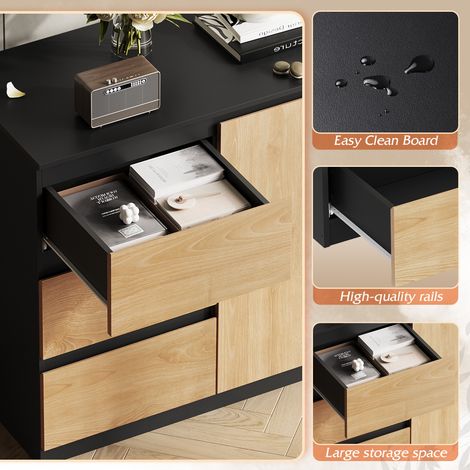 Commode à 3 tiroirs, buffet large à 1 porte et 2 étagères, meuble de rangement moderne, pour salon, chambre, couloir, 80 x 75 x 40 cm (noir + chêne, 1 porte, 3 tiroirs) (1/5)