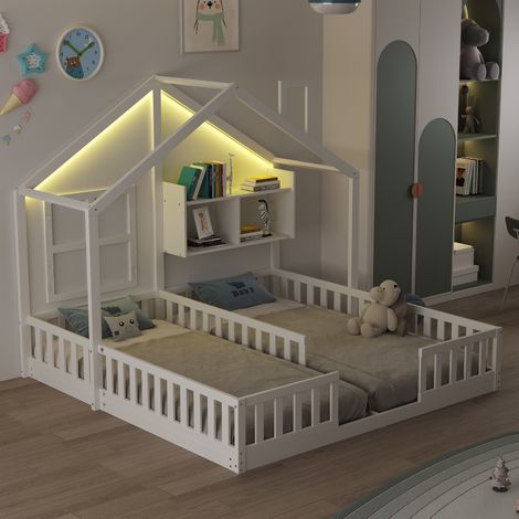 DESMIU Lit Enfant 2 Places avec LED, Barrières et Étagères, 90 × 200 cm et 90 × 200 cm, Sans Matelas (1/4)