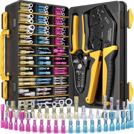 Lot de pinces à sertir pour connecteurs thermorétractables - 40 types de connecteurs à souder et connecteurs à sertir - Pince à cosses à cliquet et pince à dénuder - Assortiment étanche (1/5)