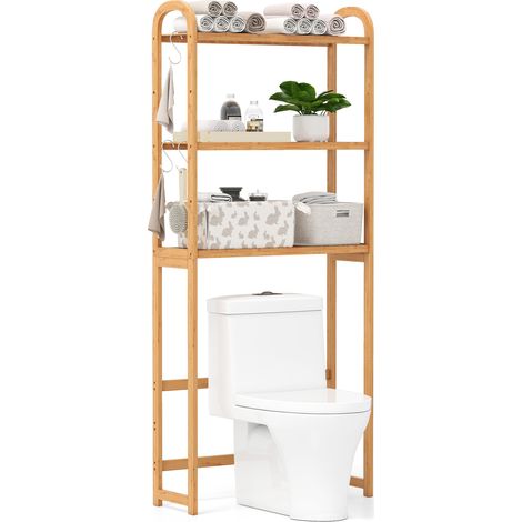 Costway – Meuble pour WC en bambou – Étagère de rangement 3 niveaux – 3 crochets amovibles – Ajustable pour espaces confinés – Capacité 20 kg par niveau