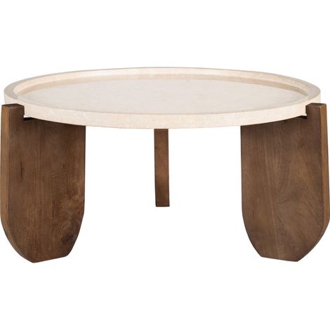 Table basse en marbre et bois massif ø80cm - Blanc ivoire - NADOR