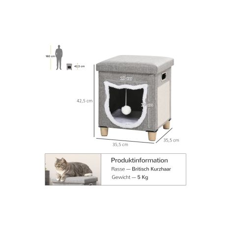 Pouf niche pour chat gris en polyester avec coussin, tapis à griffer et balle de jeu antidérapante pour salon et chambre (1/5)