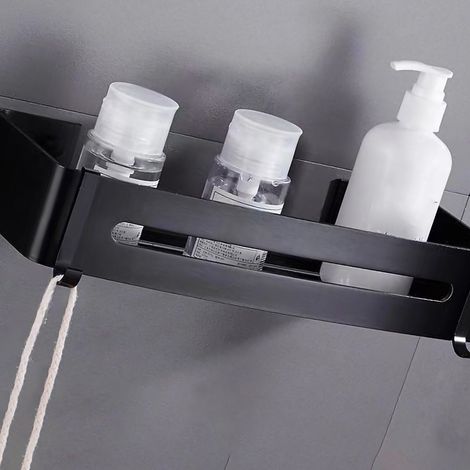 Étagère triangulaire en aluminium spatial sans perçage, noire, simple couche, pour salle de bain, toilettes, rangement mural mural, rebord long, angle, fixation sans trou. (1/3)