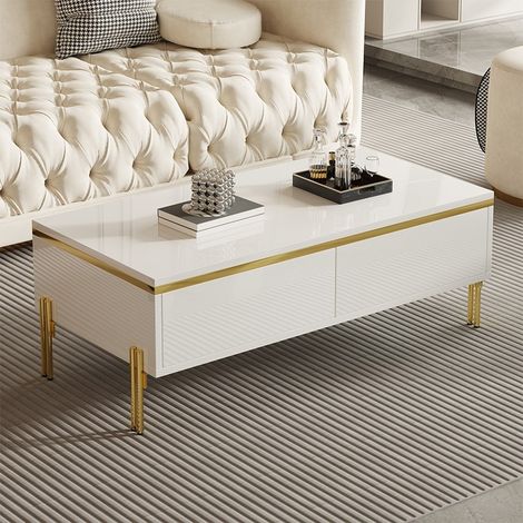 Table basse finition brillante 100x50x36 cm, avec tiroirs latéraux, pieds métal et détails dorés, pour salon (1/5)