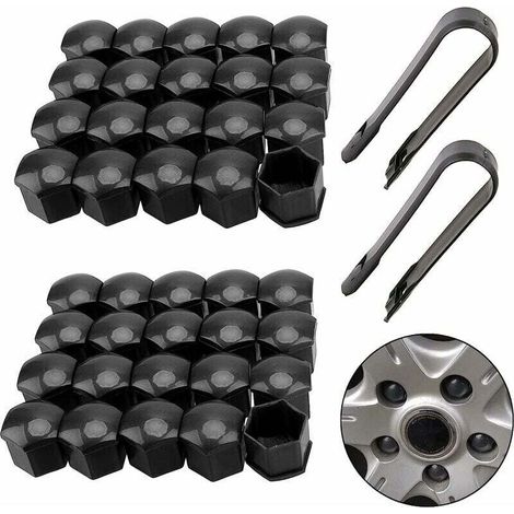 RHG 40 Pièces Universel 17 mm Boulon Ecrou Couvre Capuchon De Couvercle De Boulon D'Écrou De Roue Capuchons Protection Hexagonal pour écrous de Roue avec Outil Demontage pour Voitures(Noir)