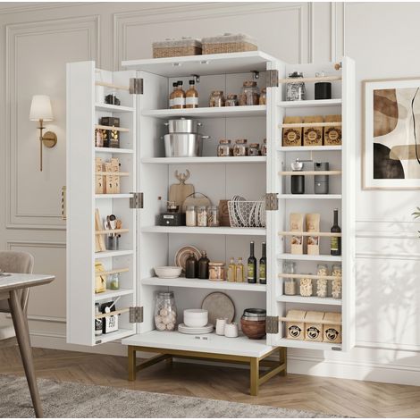 Credenza 60x40x130 cm, con due ripiani regolabili, vani sulla porta, truciolato, bianco (1/5)