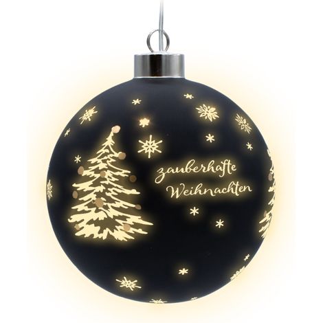 LED Weihnachts Glaskugel zum Hängen schwarz matt mit Timer - 12 cm - Deko Kugel warm weiß beleuchtet Batterie betrieben - Advent Winter Stimmungslicht Christbaumkugel edel elegant