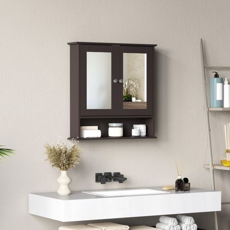 Mobiletto da bagno con specchio, pensile a parete con 2 ante, ripiano a giorno, ripiano regolabile, 56x13x58 cm, marrone scuro. (1/5)