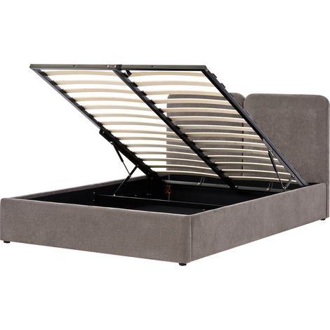 Cama con almacenaje elegante con cabecero tapizado en chenilla base elevable somier de láminas gris pardo 160 x 200 cm Arbois (1/5)