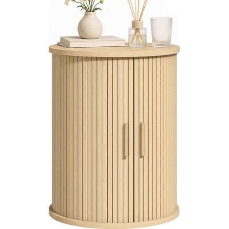 Table de chevet - HOMCOM - ronde avec porte coulissante - design moderne - bois - 40x40x50cm - chêne (1/5)