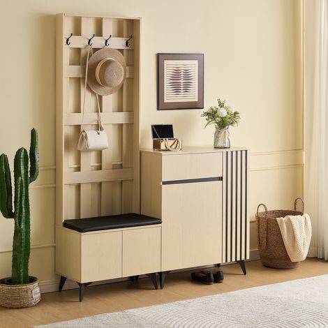 Perchero de recibidor con banco y mueble zapatero - Conjunto de entrada de 2 piezas para pasillo - Estilo industrial moderno en mdf y metal - Madera clara y negro (1/5)