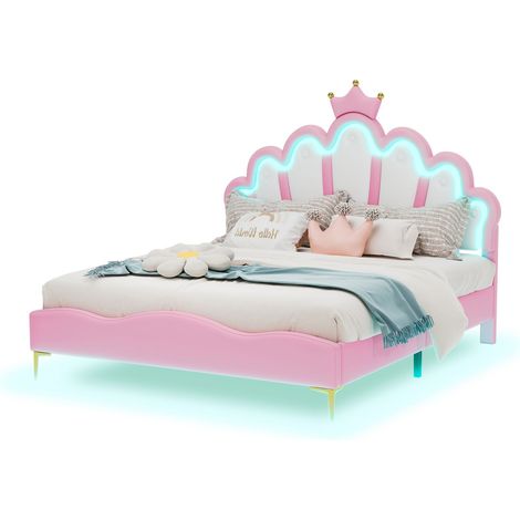 Lit double 140x200 cm en PU rose avec tête de lit couronne et LED, hauteur réglable, sommier à lattes inclus (1/5)