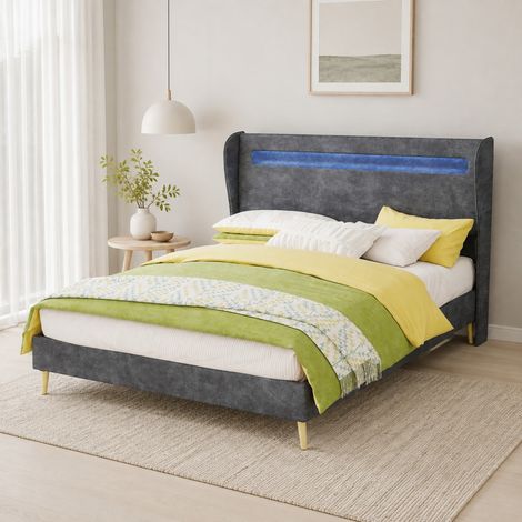 DESMIU Lit 140 × 200 cm 2 places avec LED réglable et tête de lit ajustable, sans matelas, en tissu, gris (1/4)