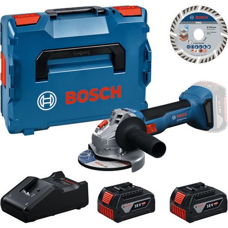 Set smerigliatrice angolare a batteria Bosch GWS 18V-8 + disco da taglio + 2 batterie da 4,0 Ah e caricabatterie in L-BOXX