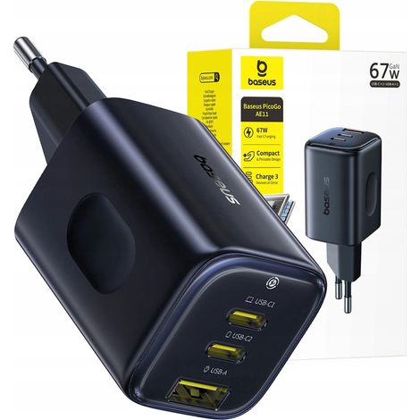Baseus PicoGo AE11 Schnellladegerät 1x USB-A 2x USB-C 67W Schwarz 1 Stück. (1/5)