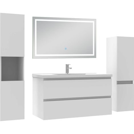 Aica Ensemble meuble Salle de Bain 100cm avec Colonne et Miroir Lumineux Tricolore, Blanc (1/5)