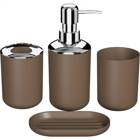 Lot de 4 accessoires de salle de bain avec distributeur de savon, tasse de salle de bain, porte-savon, brosse à dents et support de dentifrice (marron) (1/5)