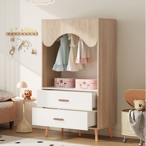 Offener Kinderkleiderschrank 80x46x141.5 cm Weiß/Natur aus MDF mit 2 Schubladen und Kleiderstange (1/5)