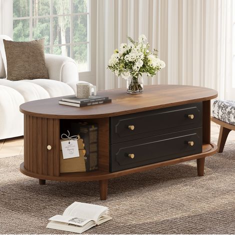 Tavolino da salotto 100x50x36 cm effetto noce e nero, in truciolare, con 2 cassetti, 2 ante a tamburo e 4 gambe (1/5)