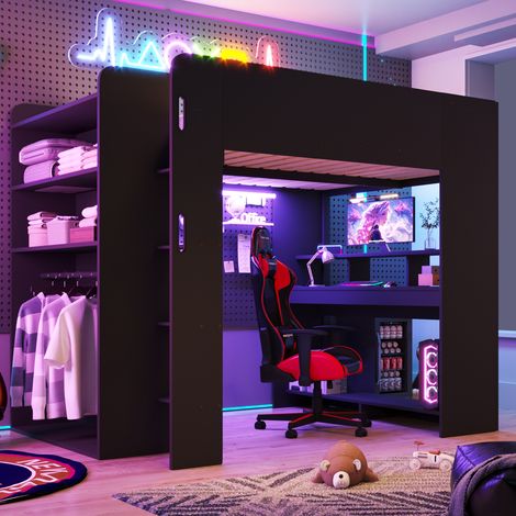 Lit mezzanine 140x200cm - gaming + bureau + armoire + LED + USB - bois - noir (1/5)