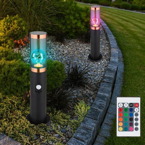 Sockelleuchte dimmbar mit Fernbedienung LED Wegelampe Außenstehlampe mit Bewegungsmelder , RGB Farbwechsel, Edelstahl Kunststoff, 8,5W 806lm warmweiß, DxH 7,6x45 cm, 2er Set