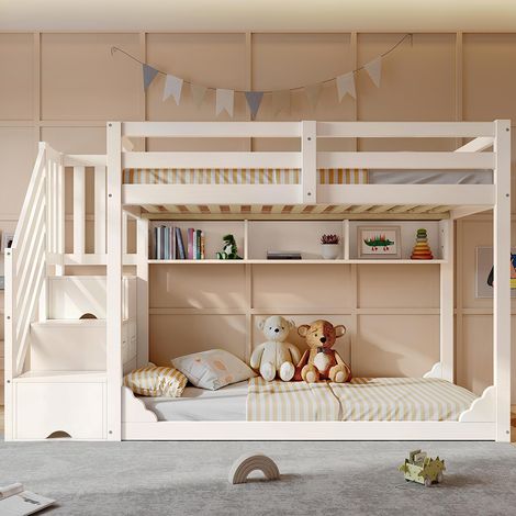 Lit superposé 90x200 cm, avec meuble escalier et espace de rangement, en bois, avec barrières de sécurité, blanc (1/5)