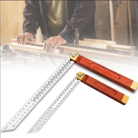 Règle biseautée coulissante en acier inoxydable et bois de 22/27 cm avec poignée rotative de 0 à 360 degrés, équerre de travail du bois double face durable. (1/5)