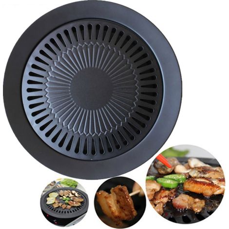 Juego de barbacoa coreana redonda de hierro fundido: plancha antiadherente, fácil de transportar, ideal para fiestas al aire libre y cenas familiares, fácil de limpiar y llevar. (1/4)