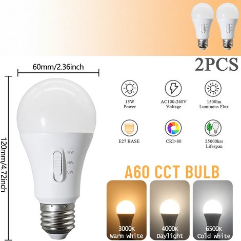 (2 ampoules, AC100-240V) Ampoules LED E27, interrupteur DIP, interrupteur à trois températures de couleur, 15W, convient à l'éclairage domestique. (1/5)