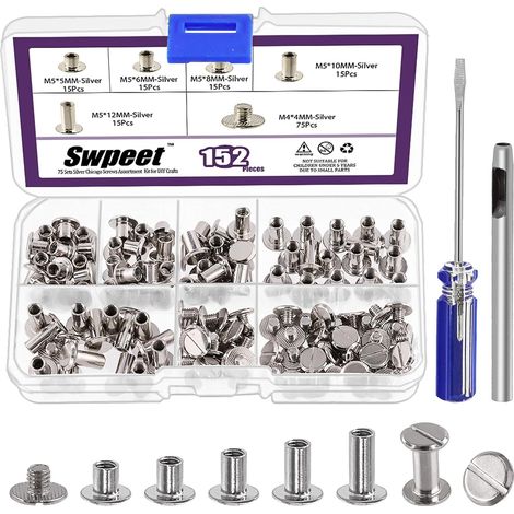 152 remaches de cuero plateados de 5x5 mm, 6 mm, 8 mm, 10 mm y 12 mm con punzón y destornillador, remaches redondos de cabeza plana doble para manualidades de cuero y encuadernación. (1/5)
