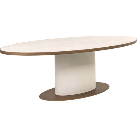 Table à manger ovale blanche design céramique et métal sculptural - Blanc travertin et bronze doré (1/5)