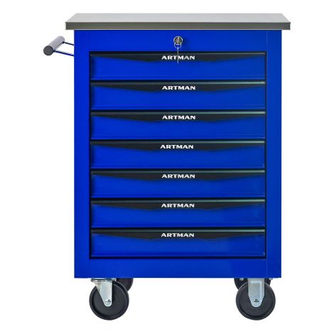 Chariot à outils 7 tiroirs métal roues toit acier inoxydable noir et bleu (1/5)
