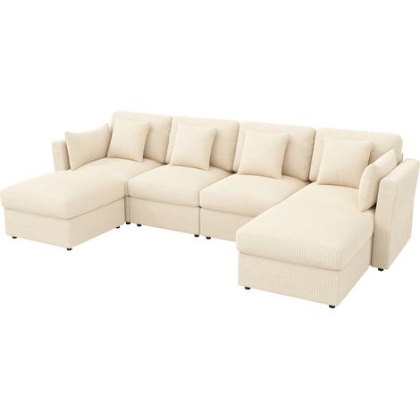 Modulares U-Ecksofa in beige Cordvelours mit verstellbaren Armlehnen und Hockern (1/5)
