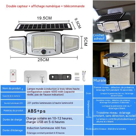 Lampe Murale Solaire 3 Têtes Étanche, Détection Humaine Avec Télécommande, Éclairage Extérieur Jardin Garage (1/2)