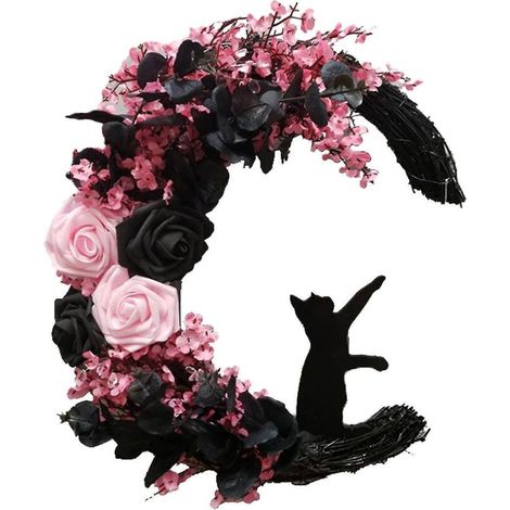 Mondkatzen-Kranz für Halloween, Türdekoration, Zweige, Kätzchen, Kunstblumen, Mondkatzen-Kranz - A8 (1/5)