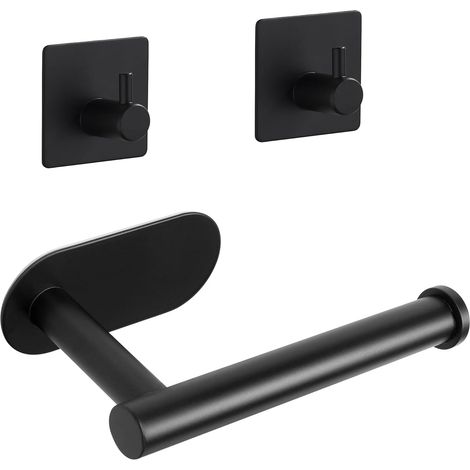 Porte-papier toilette sans perçage - Autocollant - En acier inoxydable - Noir mat - Étanche - Résistant à la rouille - Avec 2 crochets pour serviettes - Pour cuisine et salle de bain - Noir (1/5)