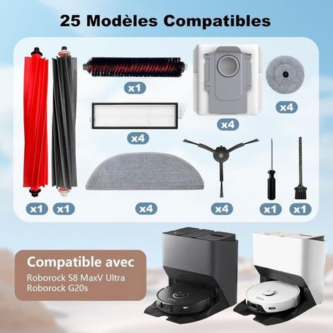 Lot de 25 accessoires pour aspirateur Roborock S8 MaxV Ultra/S8 Max Ultra, 2 brosses principales, 4 filtres HEPA, 4 serpillères latérales, 4 sacs à poussière, 4 brosses latérales, 1 brosse (1/3)