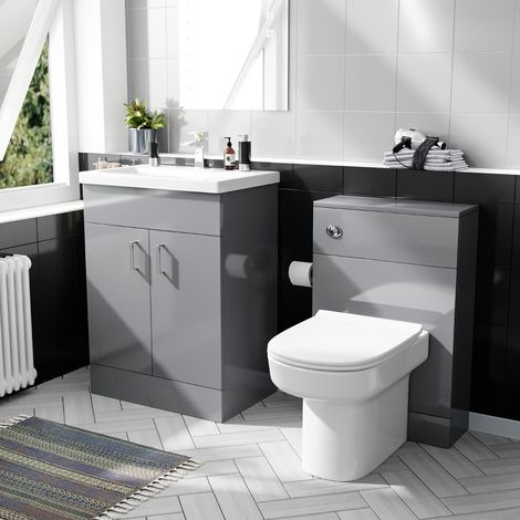 Popie 600 mm Basin Vanity Cabinet & Back To Wall WC Toilet Suite Light Grey (1/5)