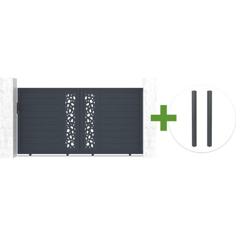 3 m breites SUNNY-Schiebetor, 160 cm hoch, graues Aluminium + 2 graue Aluminiumpfosten